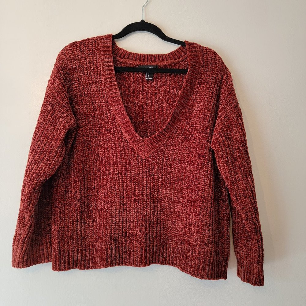 Forever 21, Dark Orange Chenille, Cropped Orange V Neck Sweater, Size M